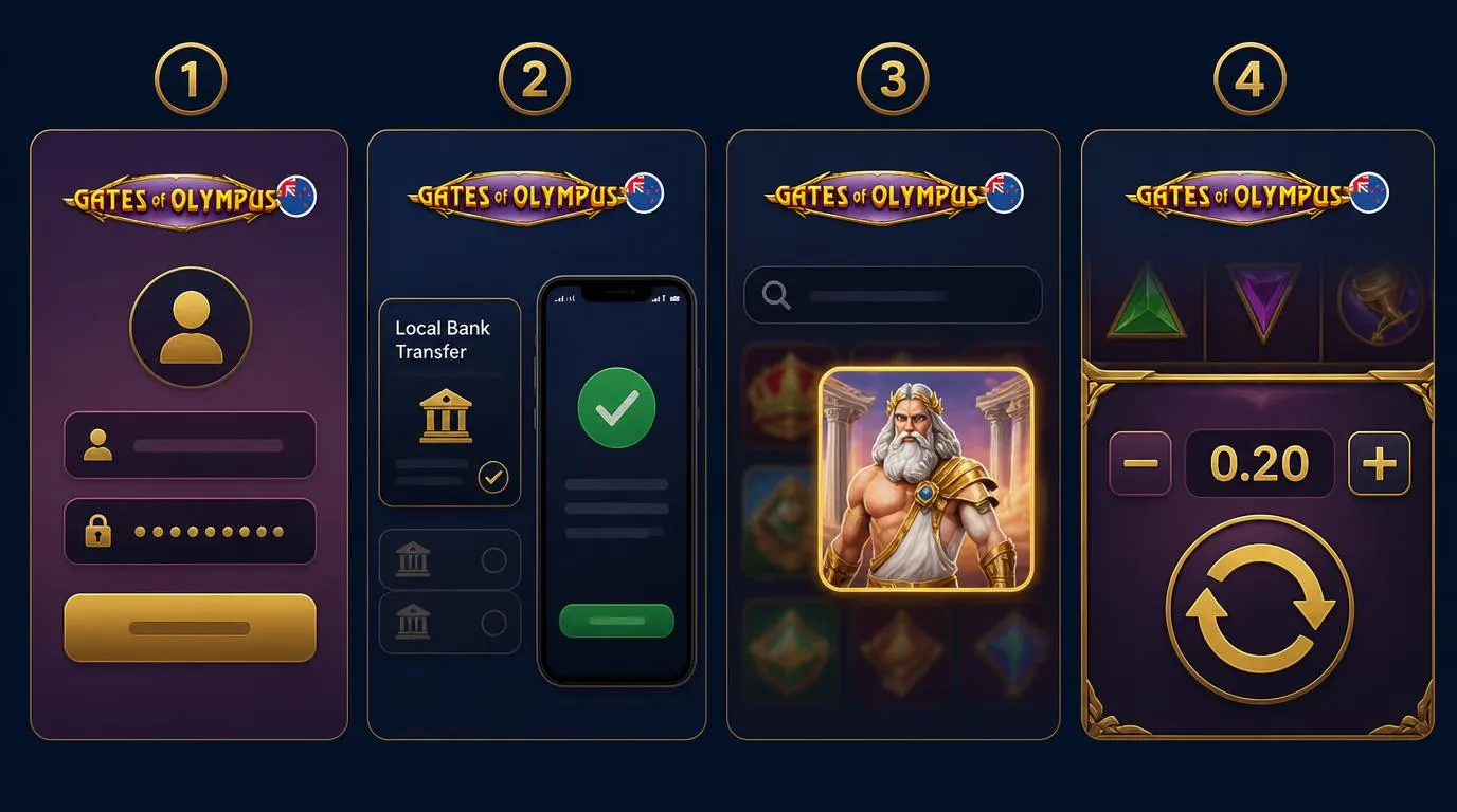 Four-step casino setup guide showing registration, local banking, lobby search and a 0.20 starting stake