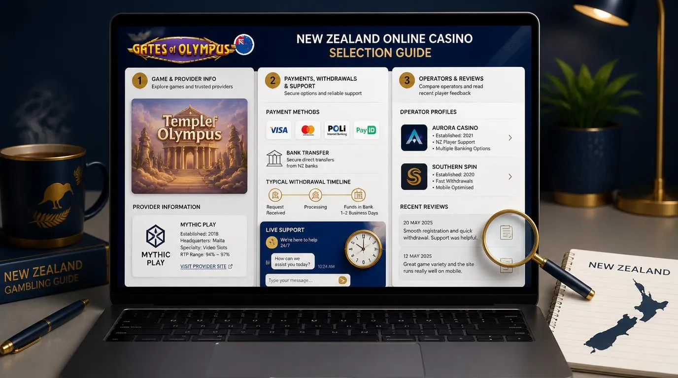 Casino comparison screen with game provider details, New Zealand payment options, support hours and review notes