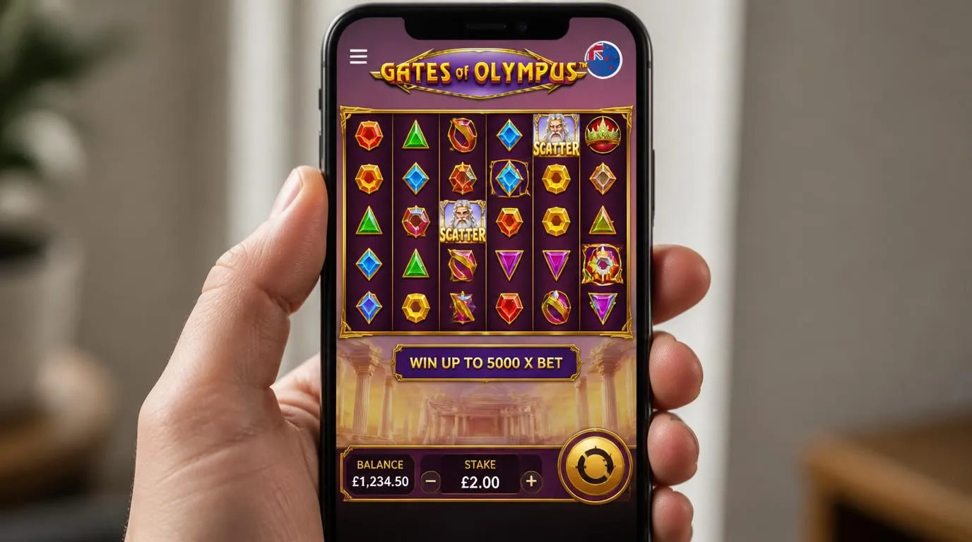 Phone displaying a temple-themed slot with a readable reel grid and thumb-accessible spin control