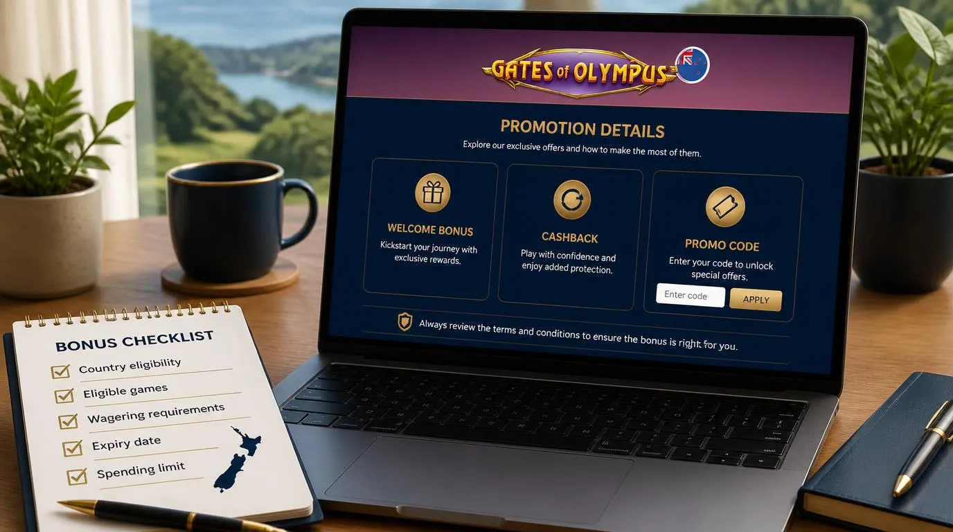 Casino bonus terms checklist beside a laptop with New Zealand eligibility and wagering conditions highlighted