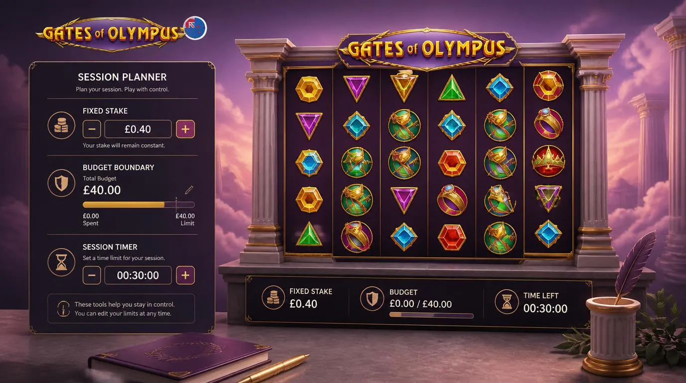 Session planner with a fixed stake, spending limit and timer beside an Olympus-inspired slot screen