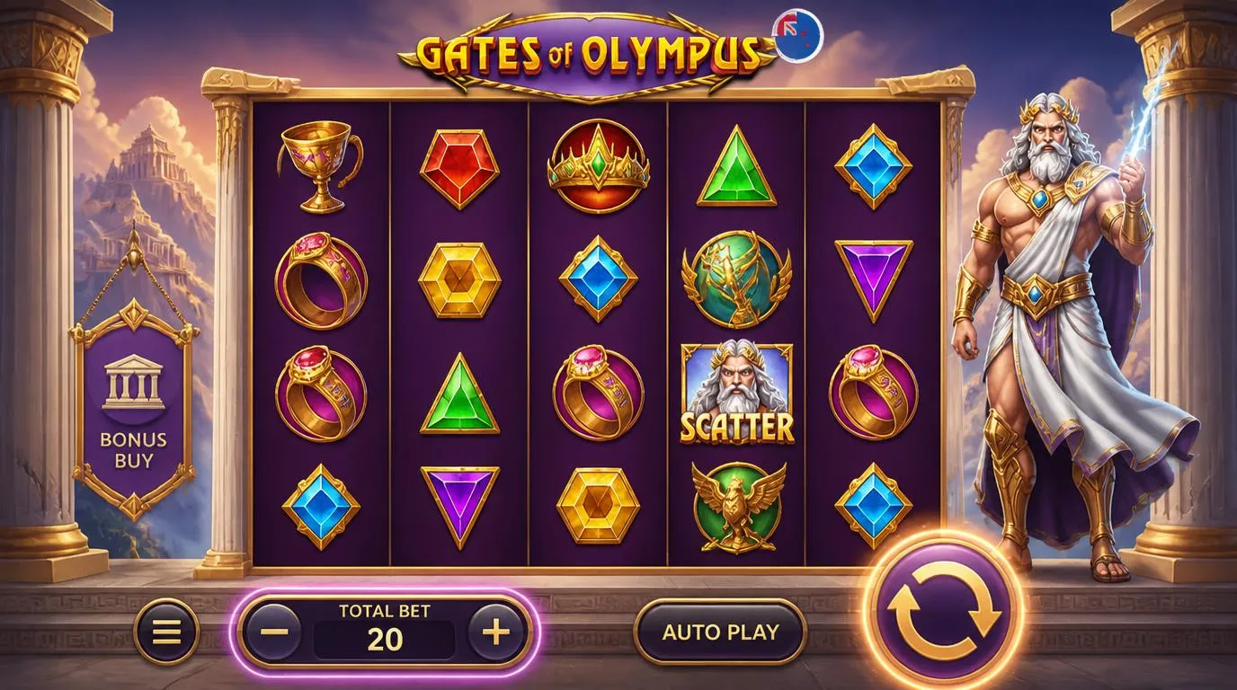 Greek mythology slot interface with Zeus, central reels, bet settings, spin button and separate Bonus Buy control